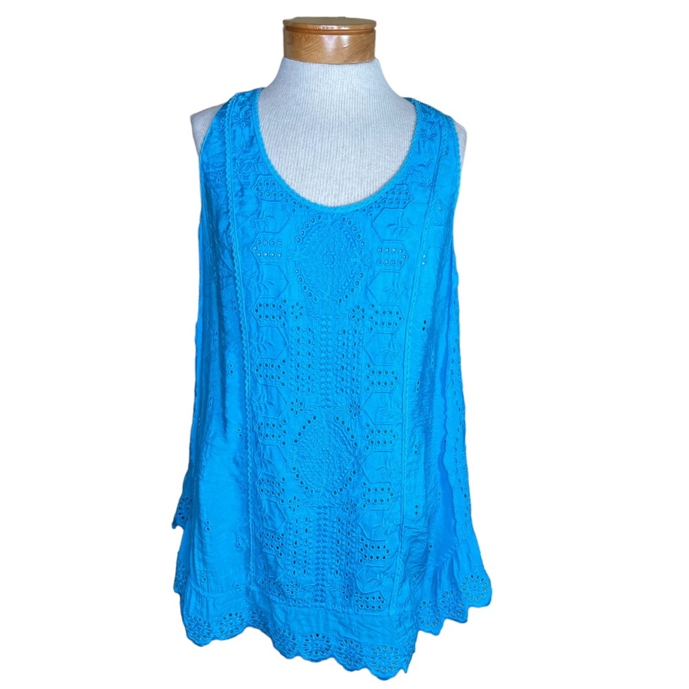 V Cristina Sleeveless Eyelet Bamboo Blend Tunic With Scalloped Hem Medium